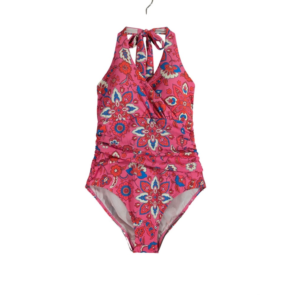 Boden One Piece Swimsuit Women 8R Pink Floral Halter Ruched Wrap S0183